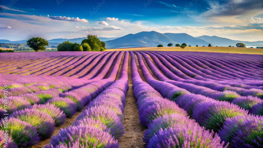Picturesque Provence Lavande landscape with rows of blooming lavender fields stretching to the horizon, Provence, lavender Picturesque Provence Lavande landscape with rows of blooming lavender fields stretching to the horizon, Provence, lavender