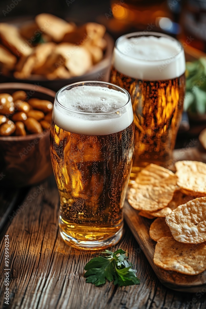 Two frothy beer glasses with snacks. Two glasses of beer with frothy tops served alongside a variety of crispy snacks, including chips and nuts. Two frothy beer glasses with snacks. Two glasses of beer with frothy tops served alongside a variety of crispy snacks, including chips and nuts.