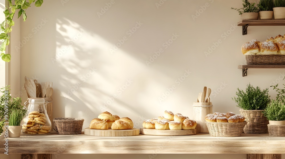 Fototapeta premium A cozy kitchen scene featuring freshly baked bread displayed on rustic wooden tables with natural light and green plants.