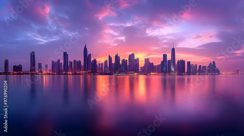 A vibrant cityscape silhoue...