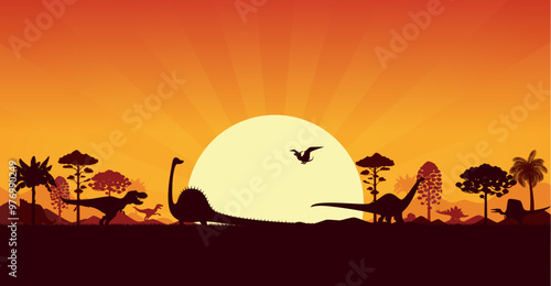 Prehistoric dinosaur silhouettes in sunset jungles landscape, vector Jurassic era background. T-rex dinosaur, giant lizards and prehistoric pterodactyl birds silhouettes in forest with sunset