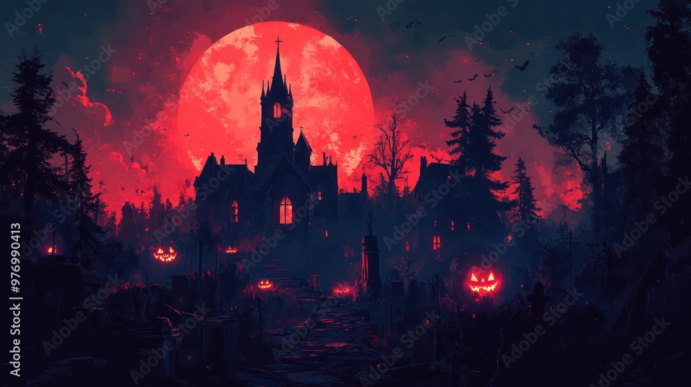 Haunted Mansion Under Blood Moon Halloween Night Spooky Forest Haunted Mansion Under Blood Moon Halloween Night Spooky Forest