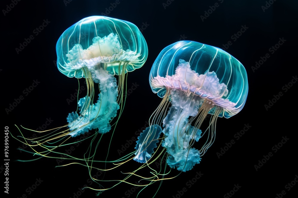 Pair of bioluminescent jellyfish drifting together in the ocean, representing animals in pairs and bioluminescence Pair of bioluminescent jellyfish drifting together in the ocean, representing animals in pairs and bioluminescence
