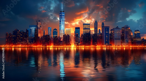 A vibrant cityscape skyline...