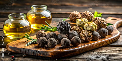 Assorted gourmet truffle oils and whole truffles on rustic wooden board, truffle oils photo