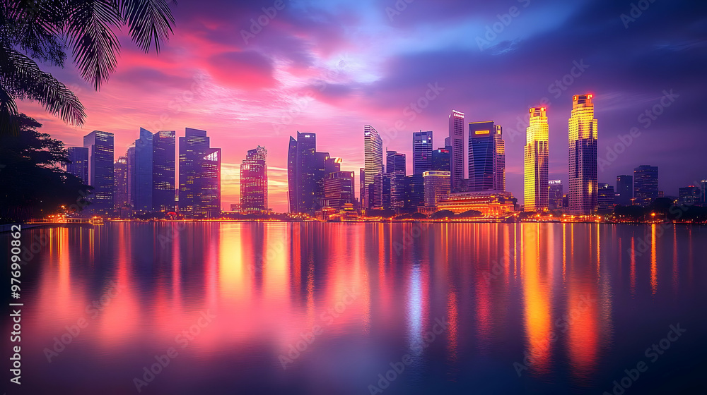 A vibrant cityscape skyline reflecting in calm water at sunset with a palm tree in the foreground. A vibrant cityscape skyline reflecting in calm water at sunset with a palm tree in the foreground.