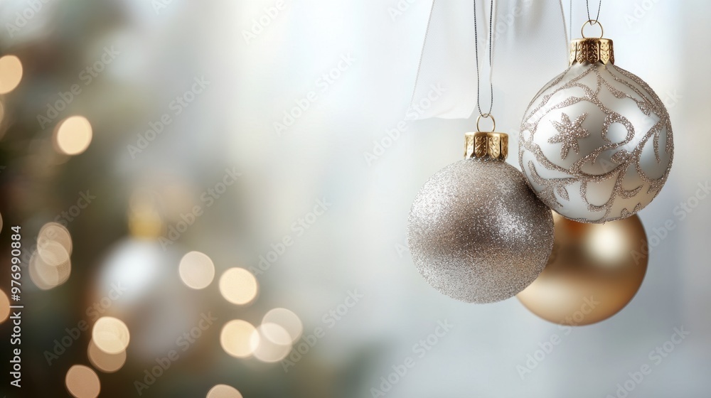 holiday ornaments, graceful christmas decor of gold and silver ornaments on a white ribbon, perfect for adding text with elegant flair holiday ornaments, graceful christmas decor of gold and silver ornaments on a white ribbon, perfect for adding text with elegant flair