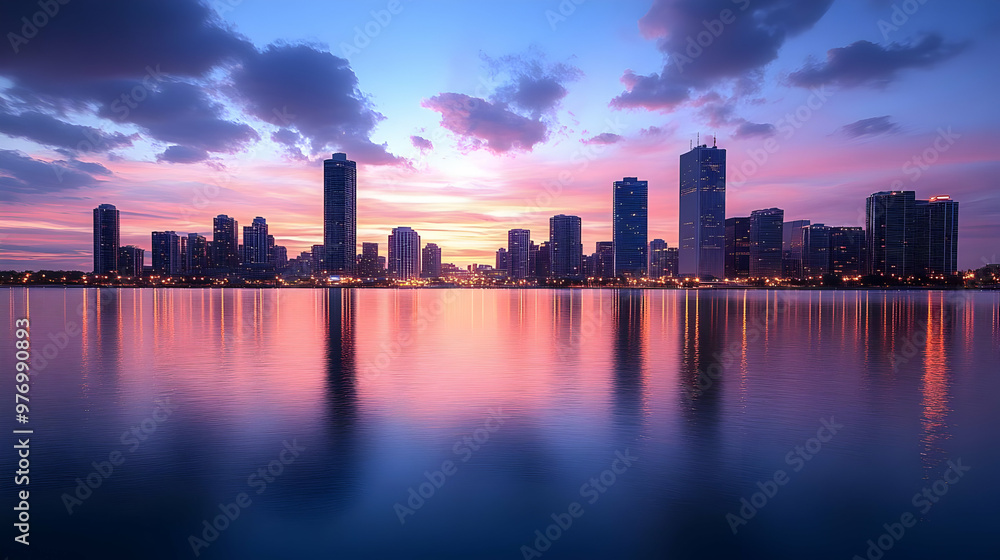 Fototapeta premium A vibrant cityscape skyline with a beautiful pink and purple sunset reflected in the water.