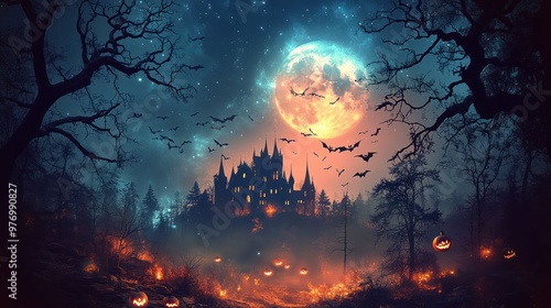 Wallpaper Mural Haunted Castle Under Full Moon and Bats for Halloween Torontodigital.ca