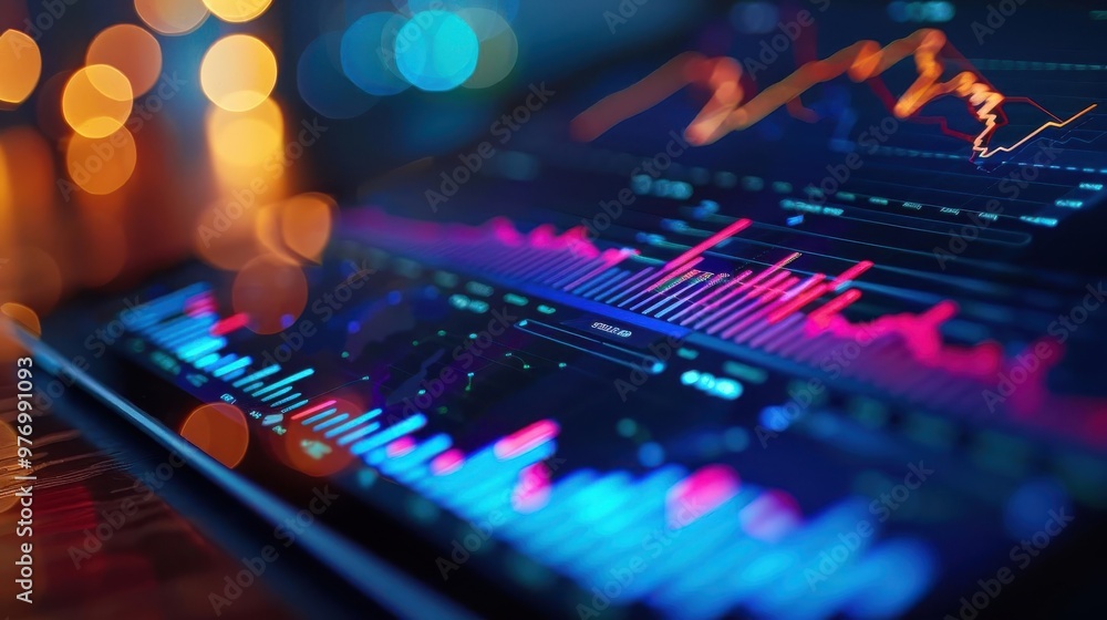 Close-up of a digital screen showing colorful financial graphs and stock market data, reflecting a dynamic market analysis environment. Close-up of a digital screen showing colorful financial graphs and stock market data, reflecting a dynamic market analysis environment.