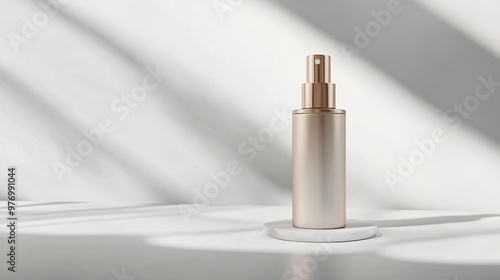 A gold spray bottle with a white lid sits on a white circular pedestal against a white background with shadows cast from a window.