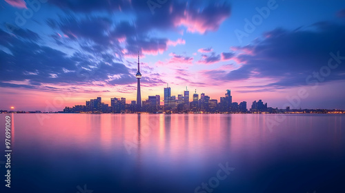 A vibrant cityscape skyline...