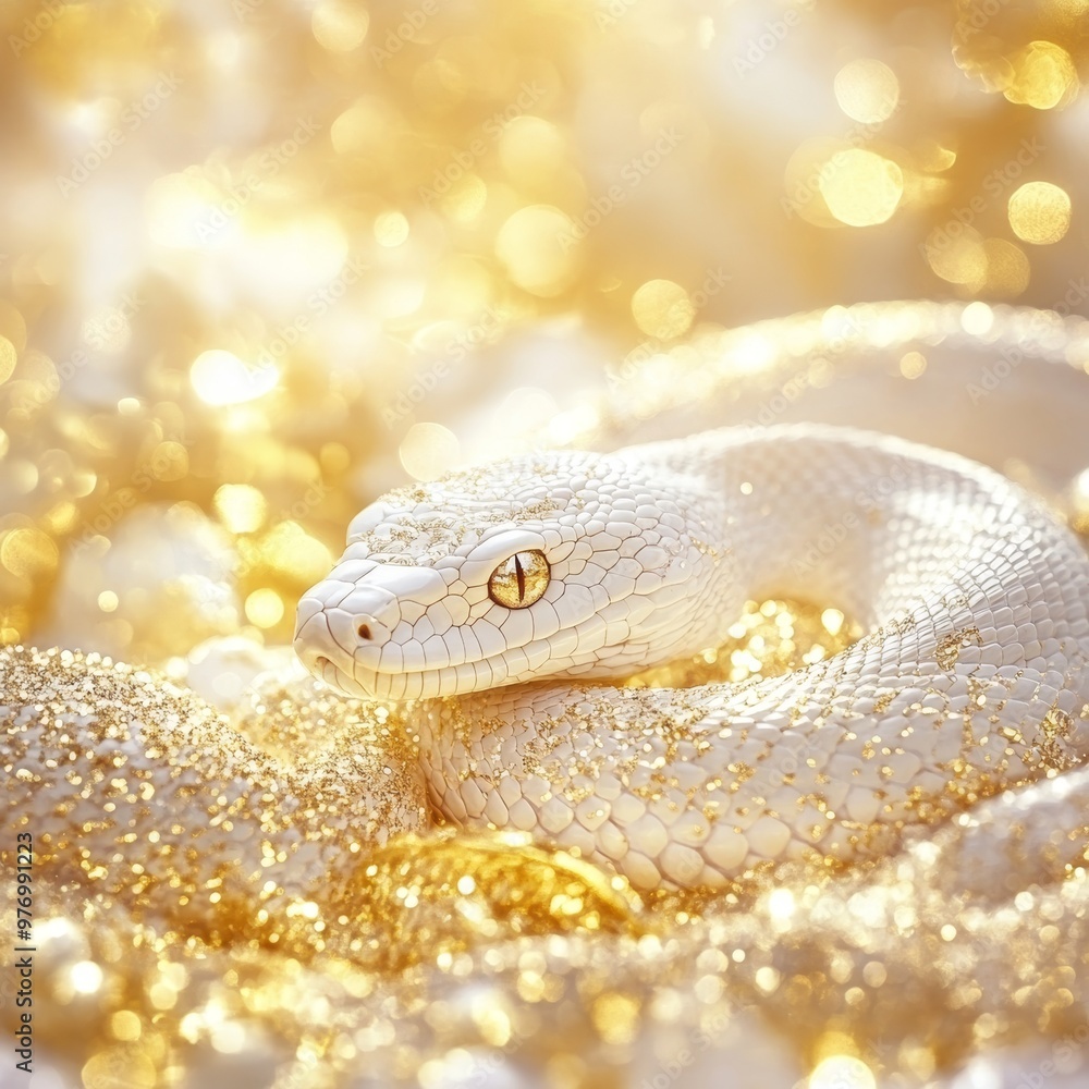 Albino Snake on Gold Glitter Background, Symbol of Happy Chinese New Year and Year of the Snake Albino Snake on Gold Glitter Background, Symbol of Happy Chinese New Year and Year of the Snake
