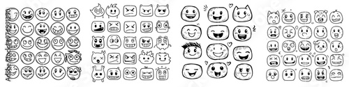 Emoji emoticons drawn with black lines on a white background, freehand doodles