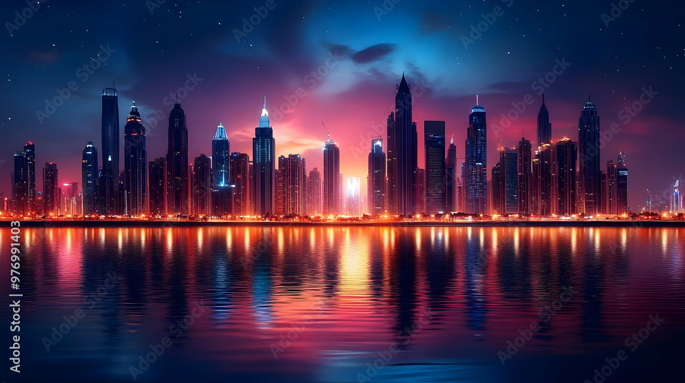 A vibrant cityscape skyline with glowing lights reflected in the water at night. A vibrant cityscape skyline with glowing lights reflected in the water at night.