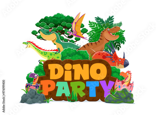 Birthday dino party invitation cover with a variety of cheerful, colorful, cartoon dinosaurs, nestled around a large multicolored, festive and fun letters with lush greenery and prehistoric plants