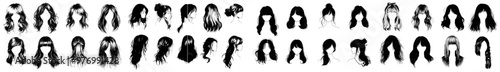 An assortment of female hairstyles. An ombre hairstyle set, a short hairstyle set, curly hair styles and trendy haircuts isolated on white background. A hand-drawn illustration.