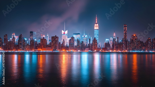 A vibrant cityscape skyline...