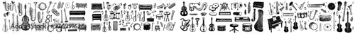 Flowing doodles of musical instruments on transparent background. Templates for drawing patterns of drums, guitar, flute, and saxophone on piano.