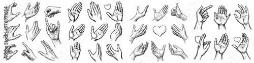 Realistic gestures hand shape. Isolated on white. Hand movements of Geskin. A sign of love. A linear pattern. Drawing by hand.