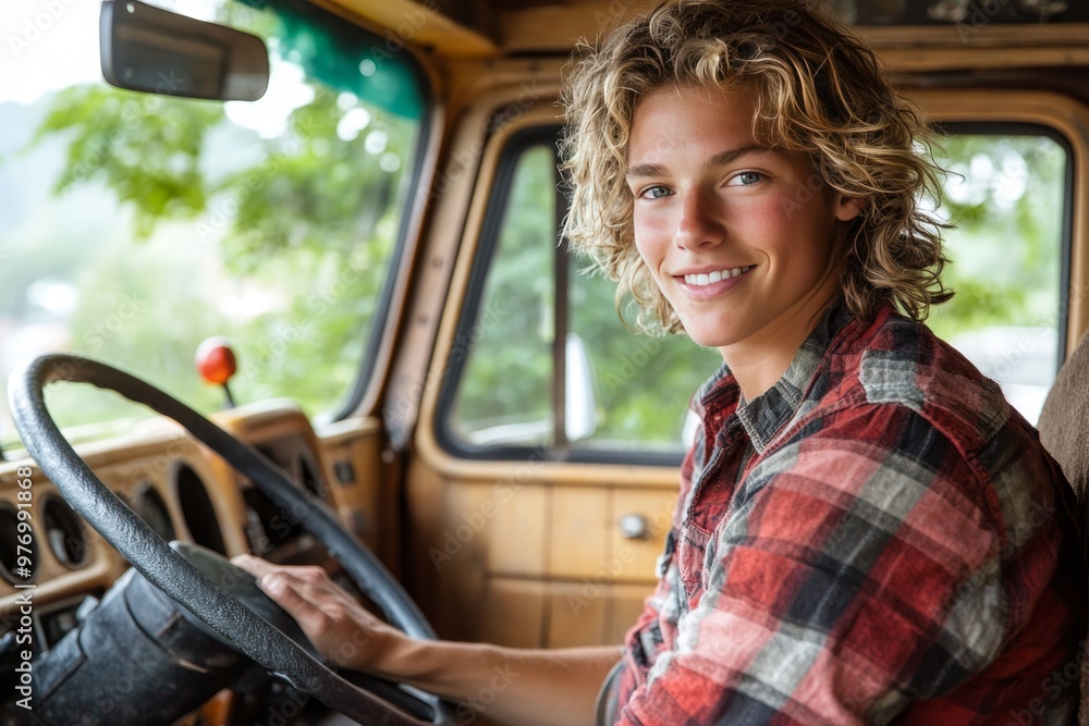 Young Man With Long Blonde Hair Smiling And Driving A Big Truck, Trucking Industry Concept Young Man With Long Blonde Hair Smiling And Driving A Big Truck, Trucking Industry Concept