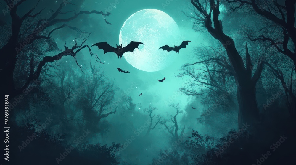 Obraz premium Mystical Halloween Forest with Full Moon and Bats