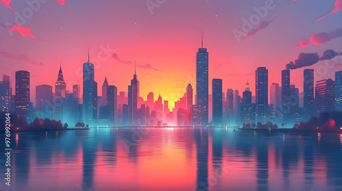 A vibrant cityscape with a ...