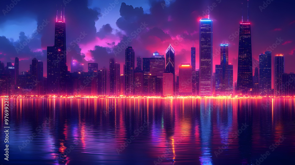 Fototapeta premium A vibrant cityscape with neon lights reflecting on the water.