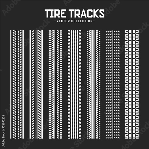 Tire tracks, wheel braking marks. Truck, car or motorcycle tread pattern silhouettes. Auto race, motorsport, speed racing design element. Vector illustration