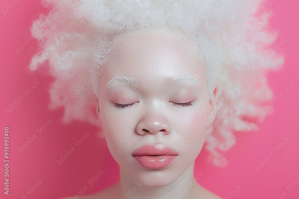 Albino woman with curly hair against pink background with eyes closed Albino woman with curly hair against pink background with eyes closed