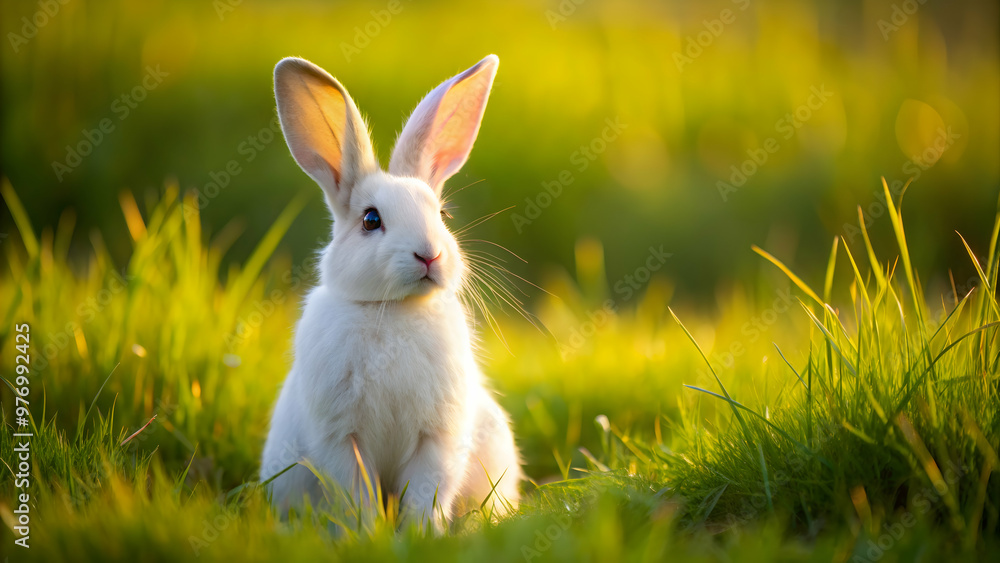 White rabbit with long ears and fluffy tail sitting on grassy field , Rabbit, white, fluffy, tail, ears, grass, field, nature White rabbit with long ears and fluffy tail sitting on grassy field , Rabbit, white, fluffy, tail, ears, grass, field, nature
