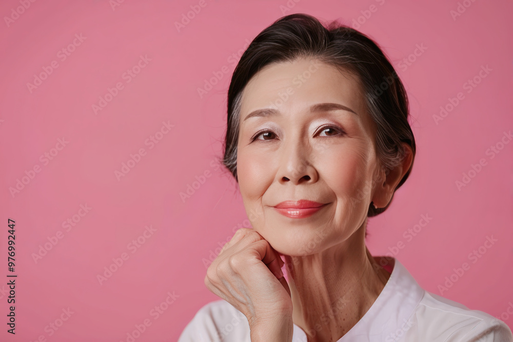 Thoughtful elderly woman resting her chin on her hand with soft smile Thoughtful elderly woman resting her chin on her hand with soft smile