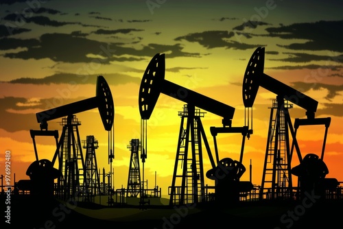 Business of oil exploration and production with crude shale oil, industry and fuel production 3D background with pump jacks, drill rigs . Crude shale oil, industry, petroleum fuel production 3D photo