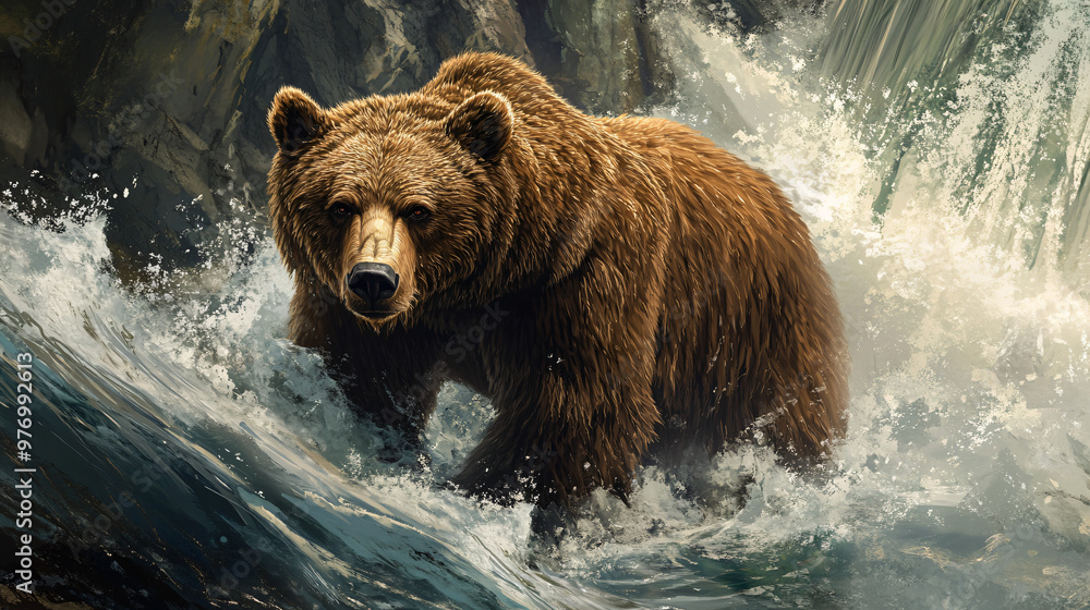 A fierce grizzly bear fishing in a rushing river.A fierce grizzly bear fishing in a rushing river. A fierce grizzly bear fishing in a rushing river.A fierce grizzly bear fishing in a rushing river.