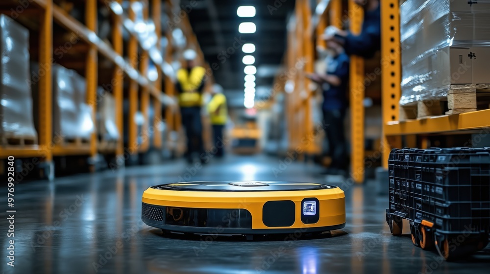 Yellow AGV moving through warehouse aisles. Yellow Automated Guided ...