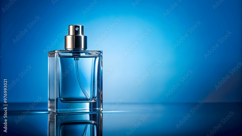 Bottle of perfume on a blue background, fragrance, scent, beauty, luxurious, glass, cosmetic, elegant, aroma, stylish Bottle of perfume on a blue background, fragrance, scent, beauty, luxurious, glass, cosmetic, elegant, aroma, stylish