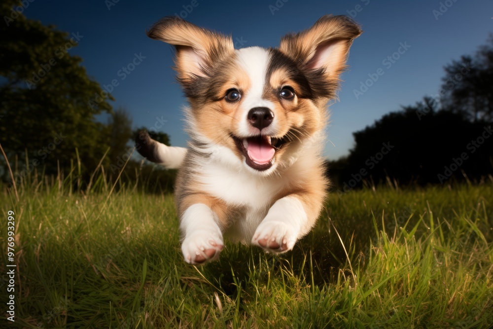 Playful puppy running through a grassy field, embodying the joy of pets Playful puppy running through a grassy field, embodying the joy of pets