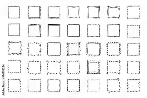 Square doodle frames ,hand-drawn monograms.Edgings and cadres with simple sketchy design elements.Isolated. Vector illustration