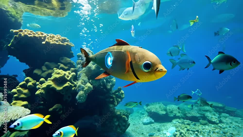 Robotic fish swimming in an aquarium with vibrant coral reefs, camera zooms in on shimmering scales and bubbles. Robotic fish swimming in an aquarium with vibrant coral reefs, camera zooms in on shimmering scales and bubbles.