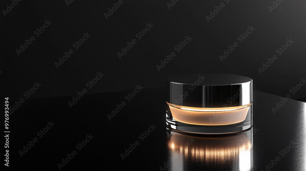 A silver and glass jar filled with a light yellow cream or lotion sits on a black surface. A silver and glass jar filled with a light yellow cream or lotion sits on a black surface.