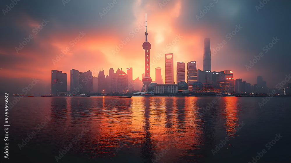 A vibrant sunrise bathes the Shanghai skyline in a warm glow, reflecting on the calm waters of the Huangpu River. A vibrant sunrise bathes the Shanghai skyline in a warm glow, reflecting on the calm waters of the Huangpu River.