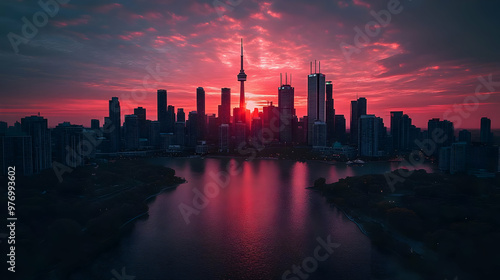 A vibrant pink sunset over ...