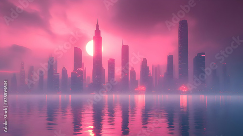 A vibrant pink sunset casts a warm glow over a cityscape reflected in a calm body of water.