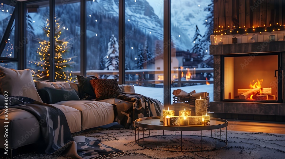 Fototapeta premium Cozy living room winter interior with fireplace