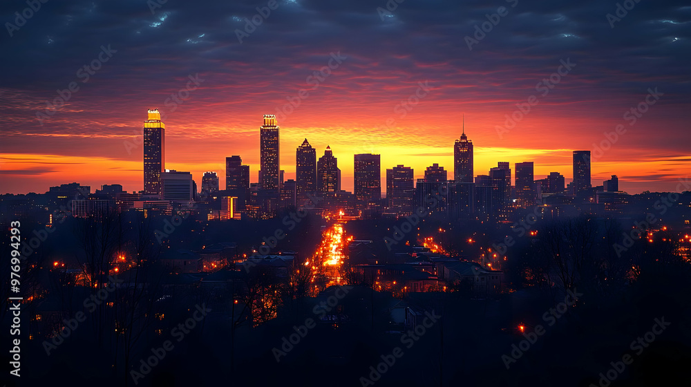A vibrant sunrise casts a warm glow over a city skyline, illuminating skyscrapers and the cityscape below. A vibrant sunrise casts a warm glow over a city skyline, illuminating skyscrapers and the cityscape below.