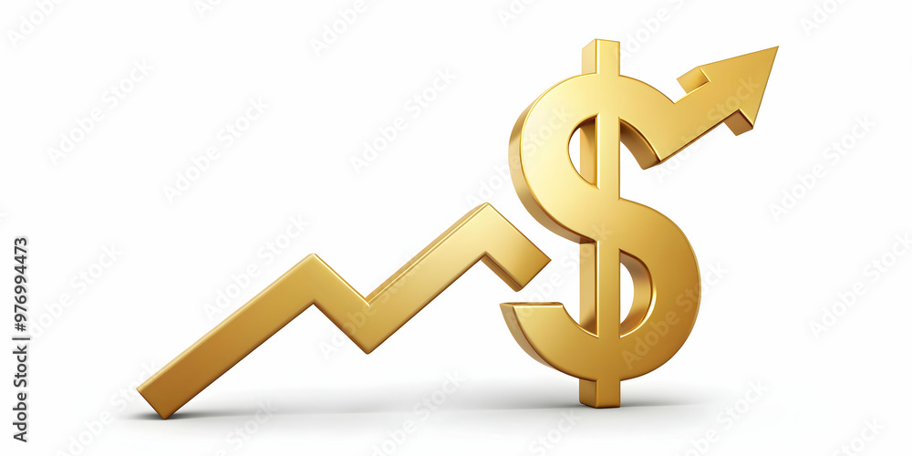 Gold dollar sign with upward arrow showing economic growth in a flat design , finance, wealth, success, investment, profit Gold dollar sign with upward arrow showing economic growth in a flat design , finance, wealth, success, investment, profit