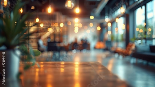 Modern urban coffee shop interior with blurred background, cozy ambiance, warm lighting, and contemporary design.