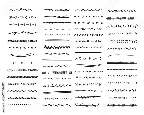 Set of hand drawn marker strokes, underlines.Collection of doodle style various strips. Art lines.Isolated on white.Vector illustration