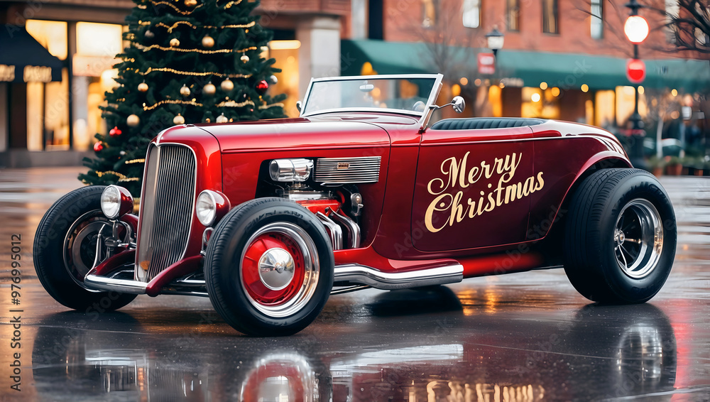 Beautiful unique vintage hot rod car, Merry Christmas text, automotive ...