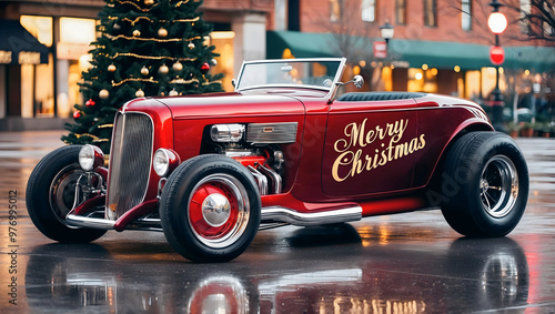 Beautiful unique vintage hot rod car, Merry Christmas text, automotive background, tuning template, wallpaper, auto transport	